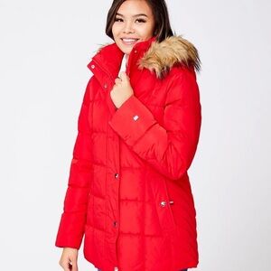 Tommy Hilfiger Women Quilted Hooded Faux Fur Trim Coat Puffer Jacket Plus 3X Red